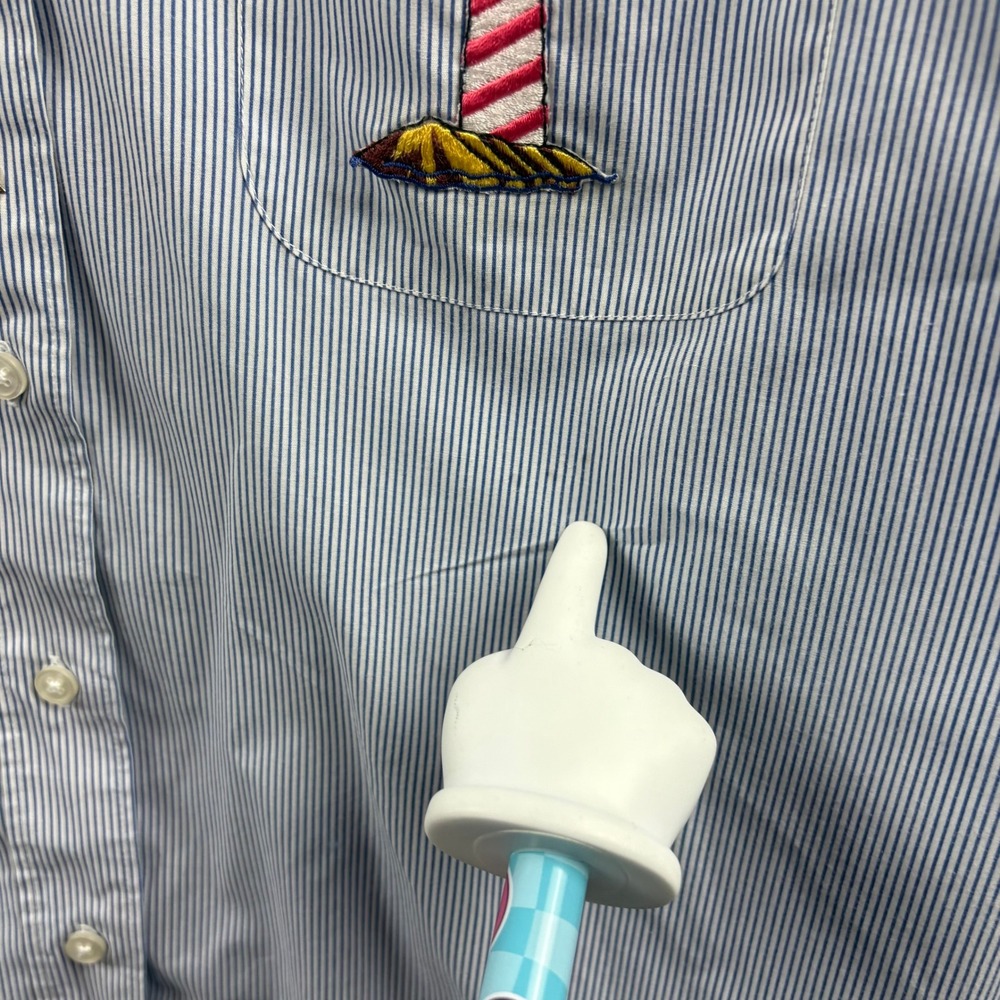 Nautical Lighthouse Embroidered Shirt XL Blue Stripe Coastal‎ Button Up Resort - Picture 8 of 13